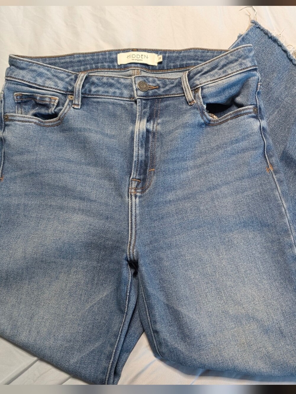 Hidden Jeans Distressed High Rise Relaxed Straight Fit Cut Off Hem Denim Size 29